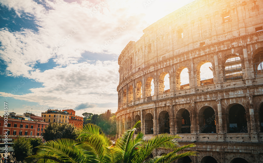 Colosseum in Rome, Italy at bright sunny sky background, toned