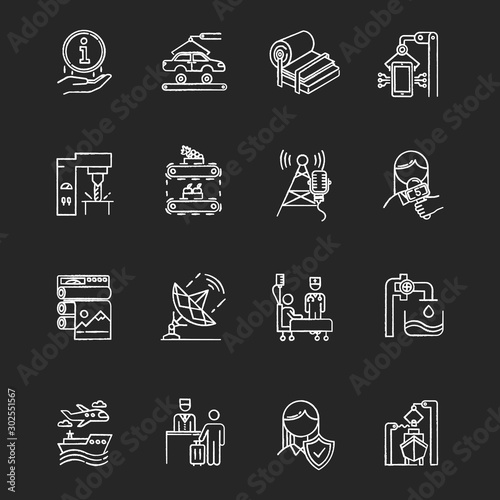 Industry types chalk icons set. News, media. Information broadcasting, Shipbuilding. Pulp and paper production. Publishing. Healthcare. Hospitality industry. Isolated vector chalkboard illustrations