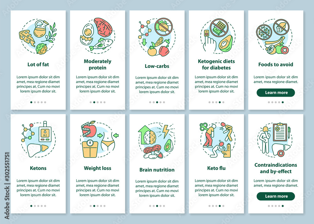 Keto diet onboarding mobile app page screen with linear concepts set. Healthy nutrition. Ketogenic eating, meal. Low carb food walkthrough steps graphic instructions. UX, UI, GUI vector template