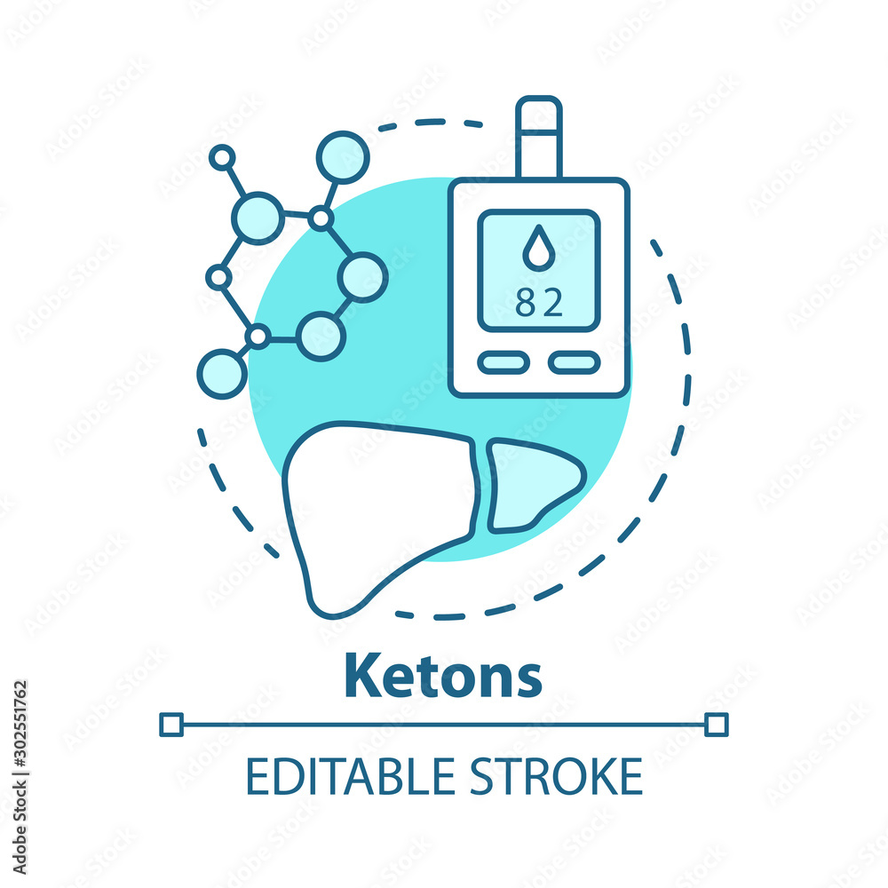 Ketons concept icon. Keto diet idea thin line illustration. Ketone bodies, molecules. Test, analysis. Ketoacidosis, ketosis, healthcare. Vector isolated outline drawing. Editable stroke Ketons concept icon. Keto diet idea thin line illustration. Ketone bodies, molecules. Test, analysis. Ketoacidosis, ketosis, healthcare. Vector isolated outline drawing. Editable stroke