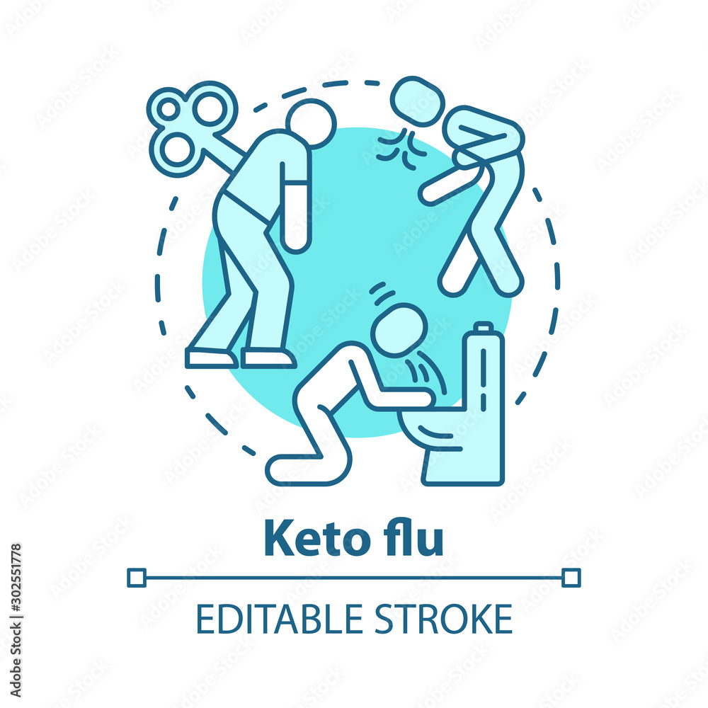 Keto flu concept icon. Ketogenic diet side effects idea thin line illustration. Illness, hurt. Nausea, fatigue, pain. Disease symptoms. Vector isolated outline drawing. Editable stroke