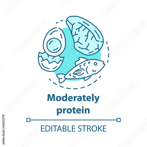 Moderately protein concept icon. Ketogenic diet idea thin line illustration. Moderate keto nutrition. Healthy lifestyle. Dietary food. Egg  fish  meat. Vector isolated outline drawing. Editable stroke