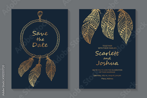 Wedding invitation design or greeting card templates with golden dream catcher on a navy blue background.