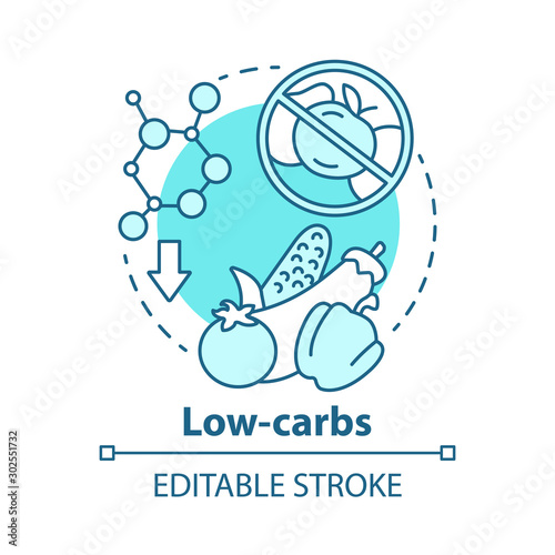 Low carbs concept icon. Keto diet idea thin line illustration. Healthy balanced meal. Ketogenic food. Carbohydrate nutrition. Vegetarian. Vector isolated outline drawing. Editable stroke