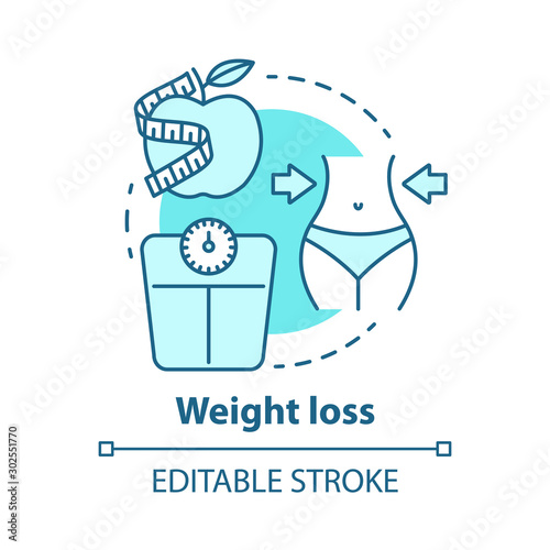 Weight loss concept icon. Dieting idea thin line illustration. Healthy lifestyle, healthcare, fitness. Sport, dietary nutrition, diet food. Vector isolated outline drawing. Editable stroke