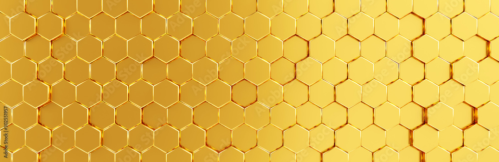 Golden hexagon cell tiling on the luxury decoration with financial business concept. Cryptocurrency block chain system of future banking technology. 3D rendering. Abstract golden hexagonal background Golden hexagon cell tiling on the luxury decoration with financial business concept. Cryptocurrency block chain system of future banking technology. 3D rendering. Abstract golden hexagonal background