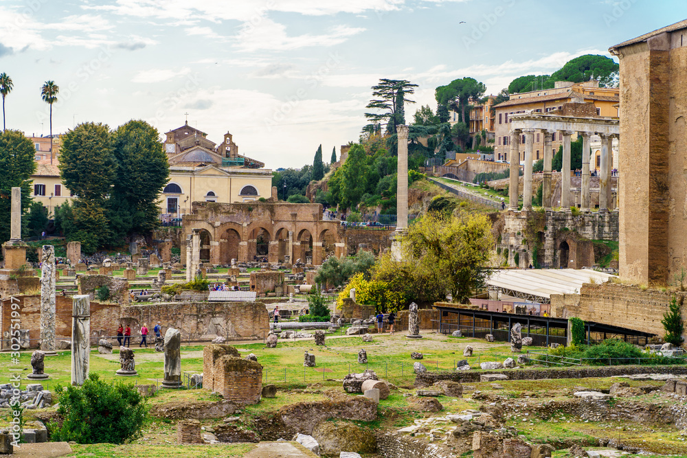 Rome, Italy. Famous landmark Ruins of Roman Forum.