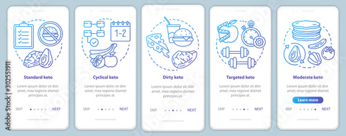 Types of keto diets blue onboarding mobile app page screen template. Ketogenic meal, healthy nutrition. Low carbs food. Walkthrough website steps with icons. UX, UI, GUI smartphone interface concept
