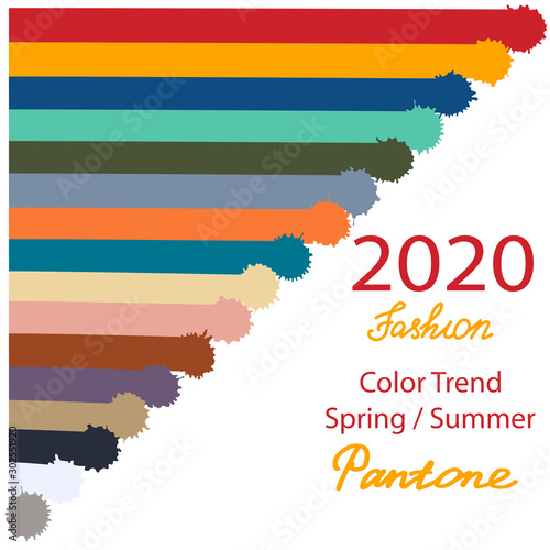 Colors Trends Spring - Summer 2020. Vector illustration of 12 trendy colors and 4 shades of blots and stripes. Color palette with color name.