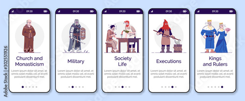 Medieval social structure onboarding mobile app page screen vector template. Walkthrough website steps with flat characters. Middle Age personages. UX, UI, GUI smartphone cartoon interface concept