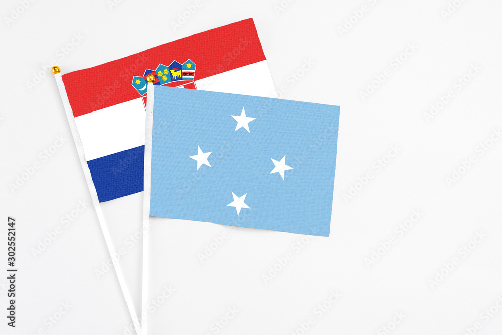 Micronesia and Croatia stick flags on white background. High quality fabric, miniature national flag. Peaceful global concept.White floor for copy space. Micronesia and Croatia stick flags on white background. High quality fabric, miniature national flag. Peaceful global concept.White floor for copy space.