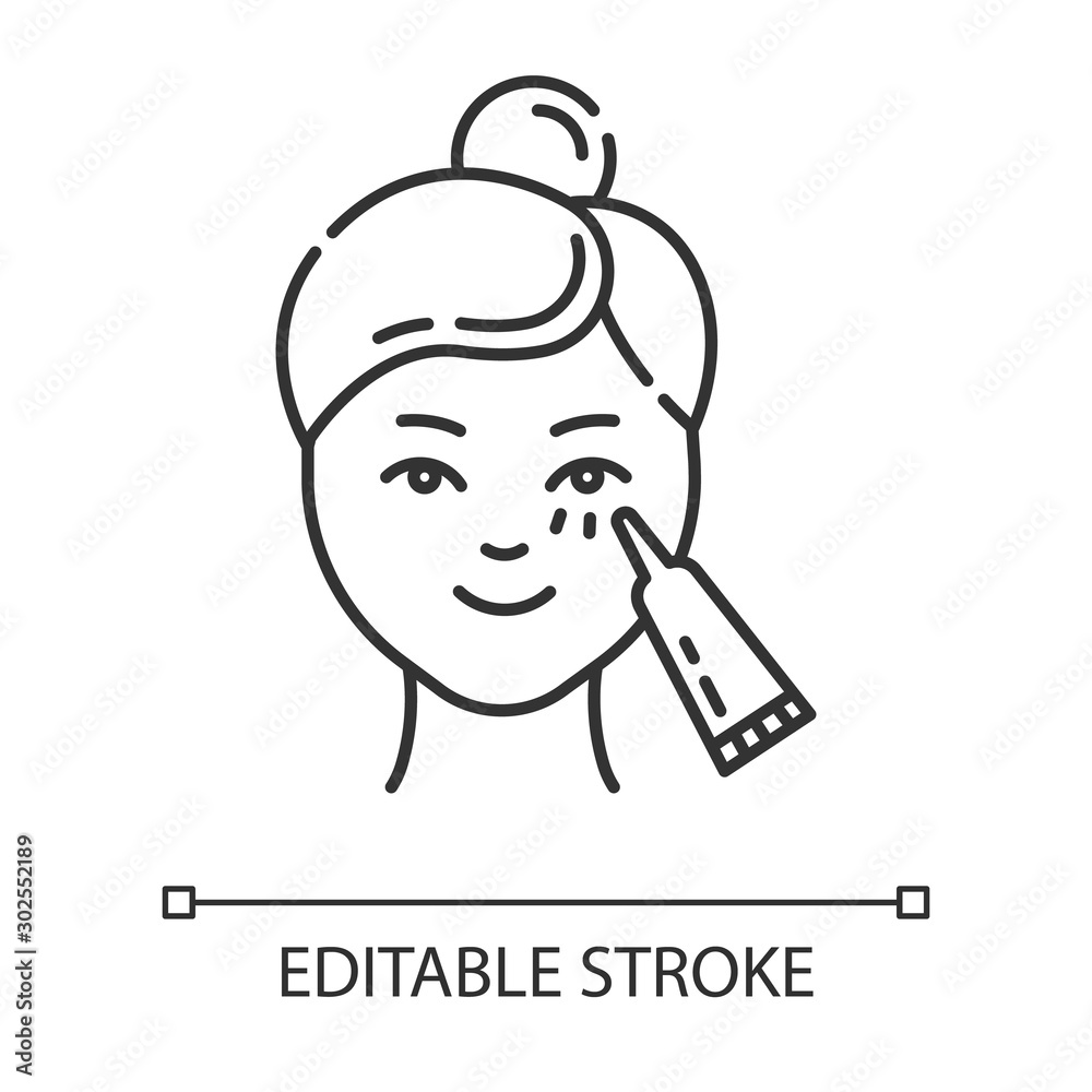 Using undereye cream linear icon. Skin care procedure. Facial beauty treatment. Eye makeup product. Thin line illustration. Contour symbol. Vector isolated outline drawing. Editable stroke