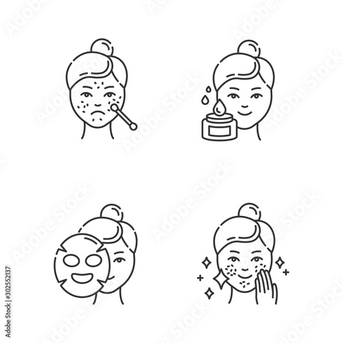 Skin care procedures linear icons set. Spot treatment for blackheads. Problematic skin. Sheet mask. Beauty water. Thin line contour symbols. Isolated vector outline illustrations. Editable stroke