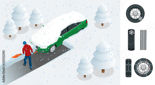 Man with shovel cleaning snow filled backyard outside his car. City after blizzard. Car covered with snow. Isometric vector illustration