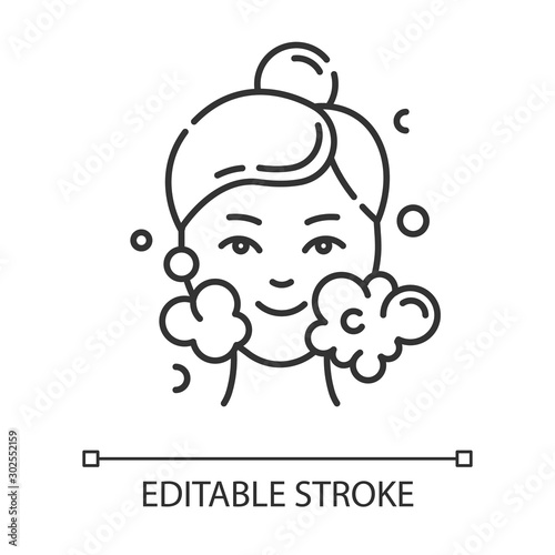 Water face cleanser linear icon. Skin care procedure. Beauty treatment. Foam, bubbles. Cleansing, moisturizing. Thin line illustration. Contour symbol. Vector isolated outline drawing. Editable stroke