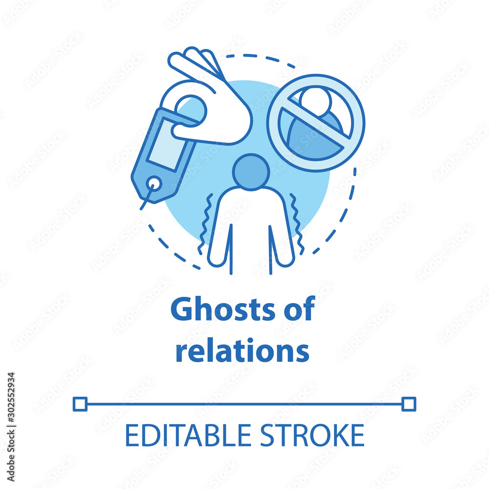 Ghost of relations concept icon. Ghosting. Breaking off relationship. Stopping communication and contact with partner idea thin line illustration. Vector isolated outline drawing. Editable stroke