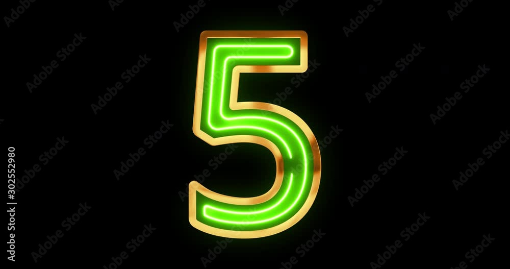 Golden number 5 with green glowing neon light in center Golden number 5 with green glowing neon light in center