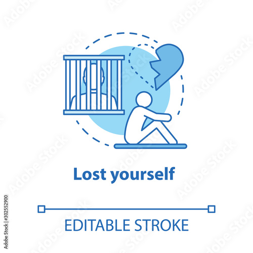 Lost yourself concept icon. Depression after breakup. Dependent relationship. Heartbroken. Feeling of hopelessness idea thin line illustration. Vector isolated outline drawing. Editable stroke