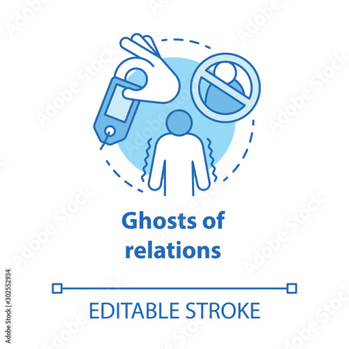 Ghost of relations concept icon. Ghosting. Breaking off relationship. Stopping communication and contact with partner idea thin line illustration. Vector isolated outline drawing. Editable stroke