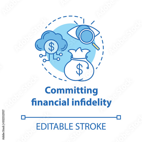 Committing financial infidelity concept icon. Dishonesty about money with partner. Financial decision secretly from family idea thin line illustration. Vector isolated outline drawing. Editable stroke