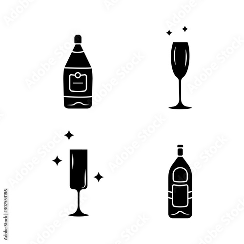 Alcohol drink glassware glyph icons set. Wine service elements. Empty crystal glasses shapes. Drinks and beverages types. Wine and gin bottles.Silhouette symbols. Vector isolated illustration