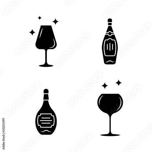 Alcohol drink glassware glyph icons set. Wine service elements. Crystal glasses shapes. Drinks and beverages types. Whiskey and bourbon bottles. Silhouette symbols. Vector isolated illustration