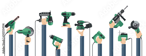 Flat design illustration of hands holding power electric hand tools. Set of master tools for wood, metal, plastic, stone, etc.