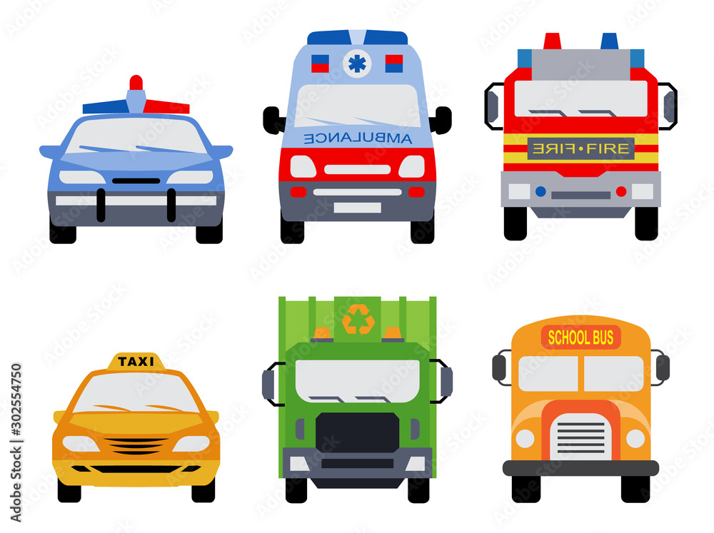 Public service vehicles. Set of front view flat icons of police car, ambulance car, fire department vehicle, taxi car, garbage collector and school bus. Public service vehicles. Set of front view flat icons of police car, ambulance car, fire department vehicle, taxi car, garbage collector and school bus.