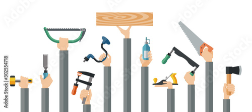 Flat design illustration of hands holding carpentry tools. Vector illustration set of master tools for wood.