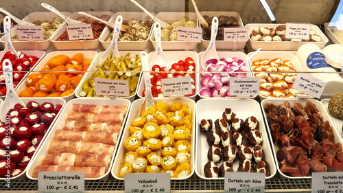 Canvas Print close up of a delicatessen display case at naschtmarkt in vienna, austria