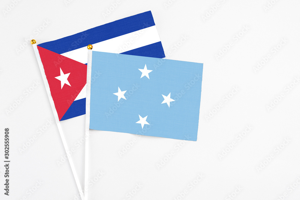 Micronesia and Cuba stick flags on white background. High quality fabric, miniature national flag. Peaceful global concept.White floor for copy space.