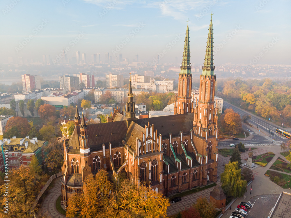 Cathedral parish of St. Archangel Michael and Saint. Florian Martyr at dawn aerial view Cathedral parish of St. Archangel Michael and Saint. Florian Martyr at dawn aerial view