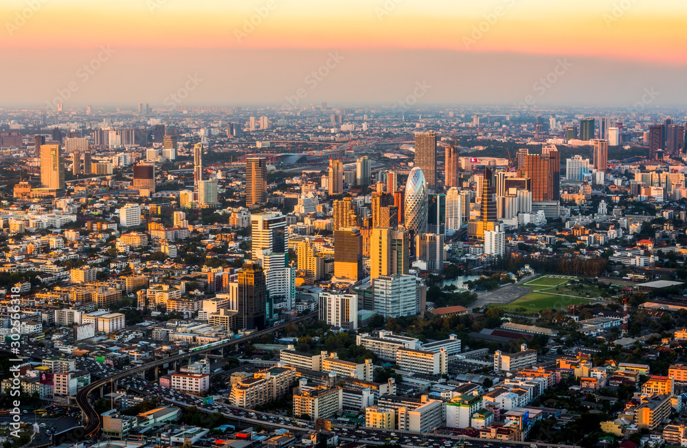 Wide Angle View of Bangkok, Thailand at Sunset