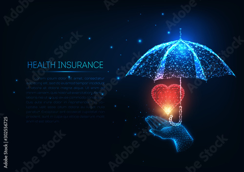 Futuristic health insurance concept with glowing low polygonal human hand,red heart and umbrella.