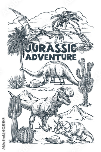 Dinosaurs and tropical landscape. Vector hand drawn sketch illustration. Fashion textile graphic t-shirt print