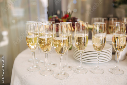 Glasses of champagne on the table. Celebration of wedding