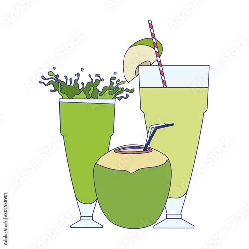 green juices glasses and coconut drink