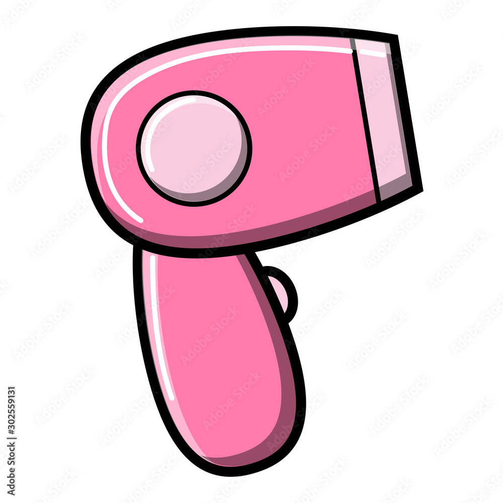 Small beautiful simple flat icon of a pink hair dryer for guidance of beauty and doing hairstyles and drying hair isolated on a white background. Vector illustration