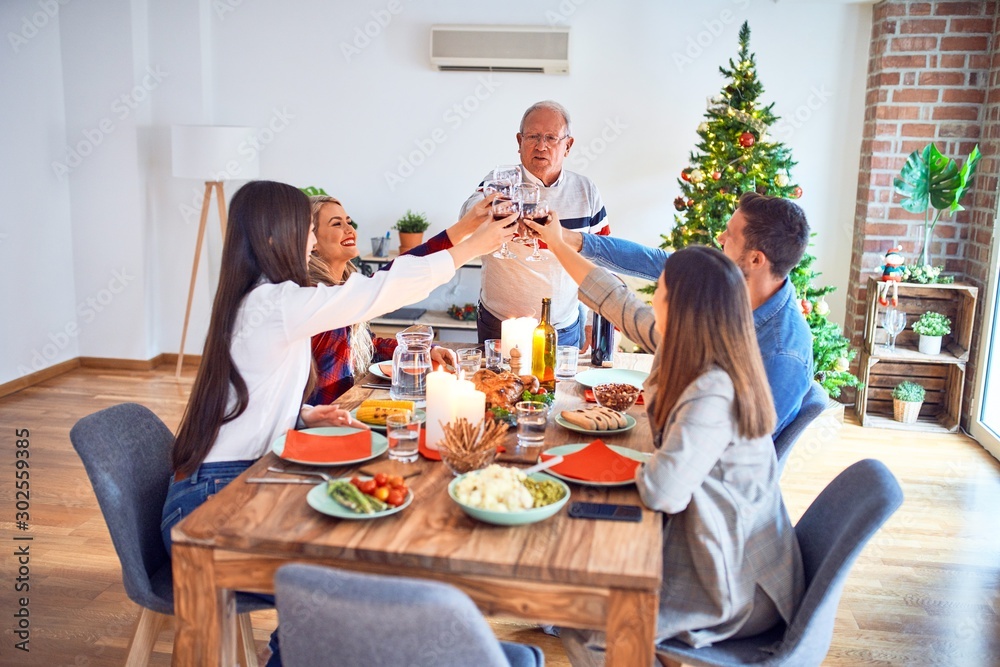 Beautiful family meeting smiling happy and confident. Eating roasted turkey and toasting with cuo of wine celebrating Christmas at home Beautiful family meeting smiling happy and confident. Eating roasted turkey and toasting with cuo of wine celebrating Christmas at home