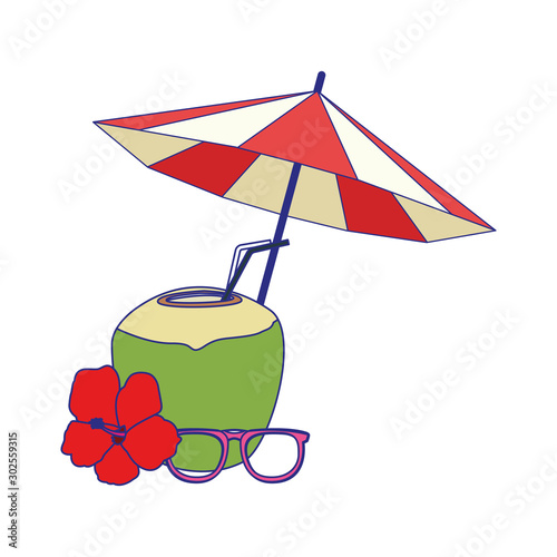 beach parasol with coconut drink and glasses