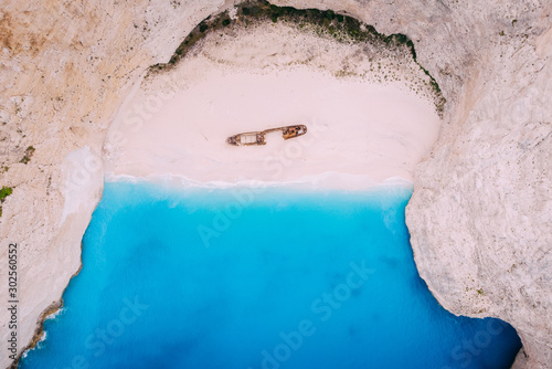 Top down View Navagio Bay Shipwreck Beach, Greece, Zakynthos