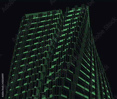 facade of a residential twisting tower illustrated only with lines