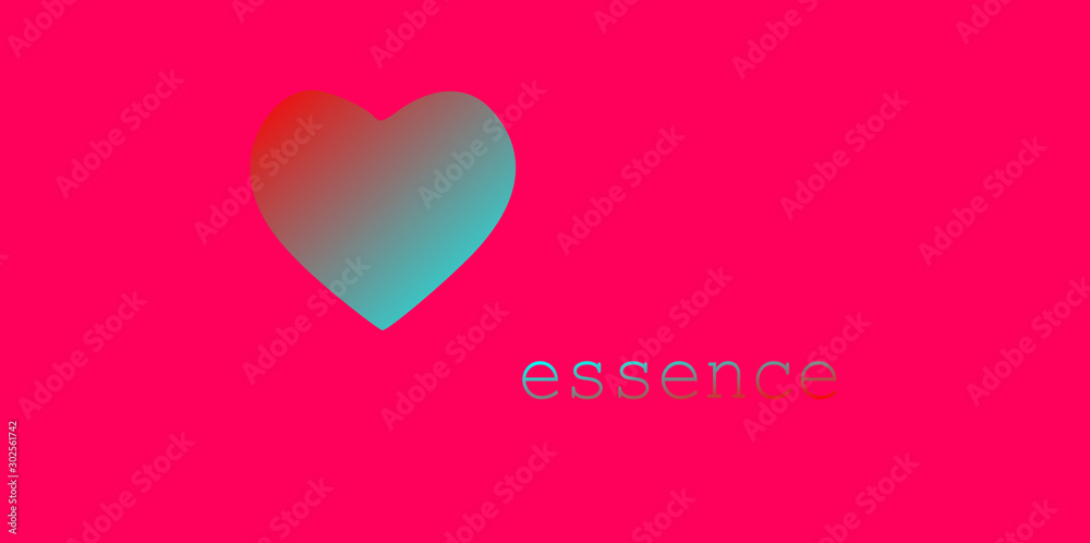 Minimalist poster with the heart and the word Essence. Elegant gradient colors and burgundy fuchsia bright passion background.