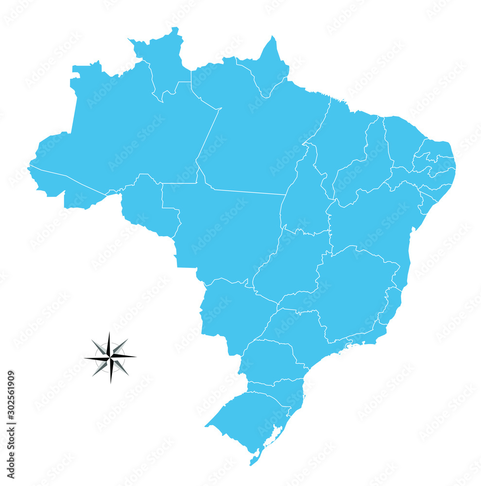 Brazil map in white and blue in vector in high quality and simple and clear lines, with all states plus the federal district and the wind rose.