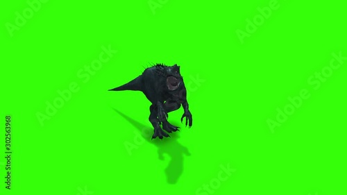 Wild Ancient Animated Black Dinosaur Isolated on Green Chrome Key Background. Amazing Prehistoric T-Rex Tyrrannosaurus Roars Jurassic World Green Screen. Realistic 3D Rendering Animation. photo