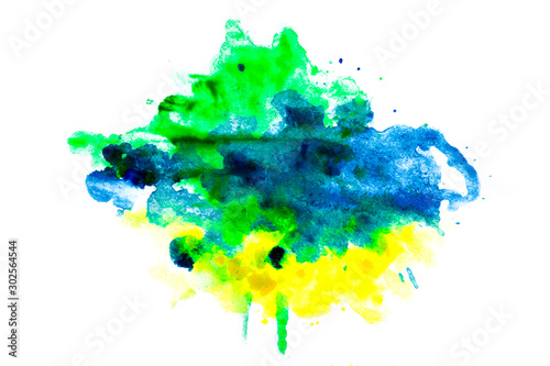Abstract blue green and yellow water color splashing art work on white paper background. intersperse hand drawn pattern