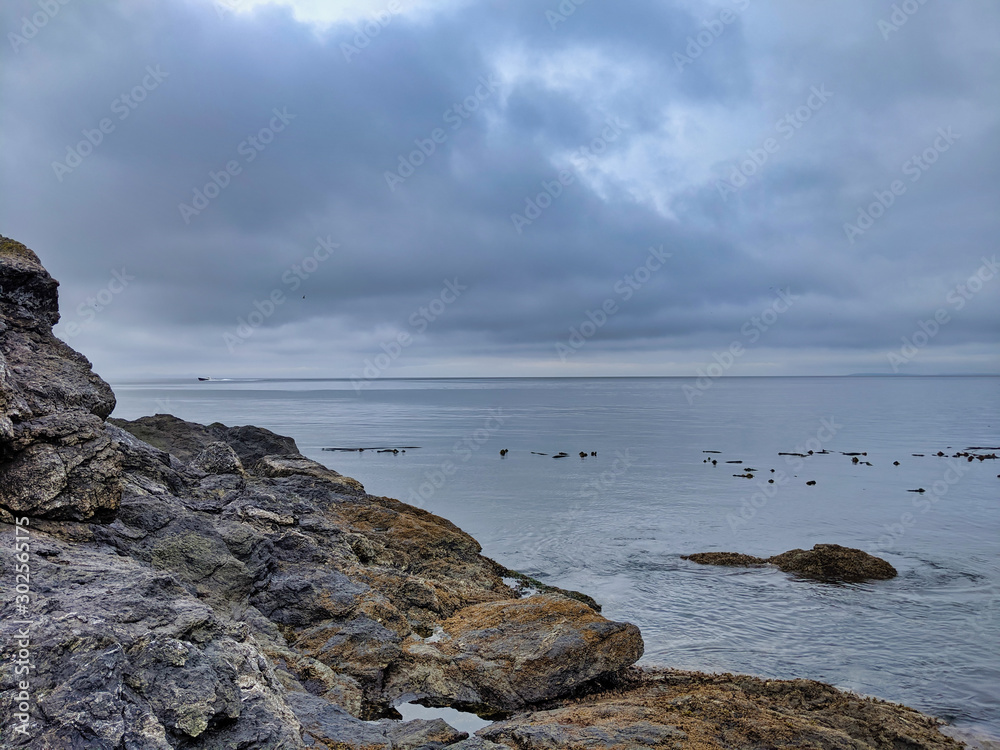 Rocky coastal shoreline of Friday Harbor in San Juan Island, WA, on an overcast day