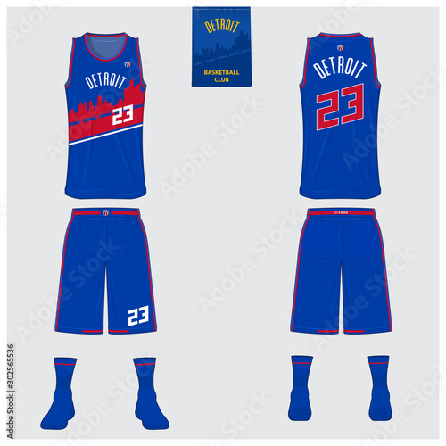 Detroit basketball uniform mockup template design for basketball club. Tank top t-shirt mockup for basketball jersey. Front view, back view basketball shirt. Sport logo design. Vector Illustration.