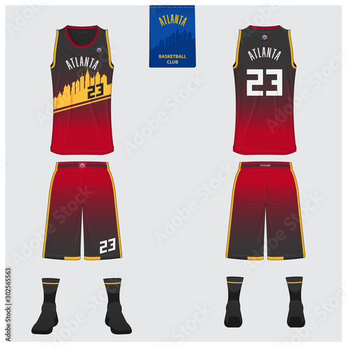 Atlanta basketball uniform mockup template design for basketball club. Tank top t-shirt mockup for basketball jersey. Front view, back view basketball shirt. Sport logo design. Vector Illustration. photo