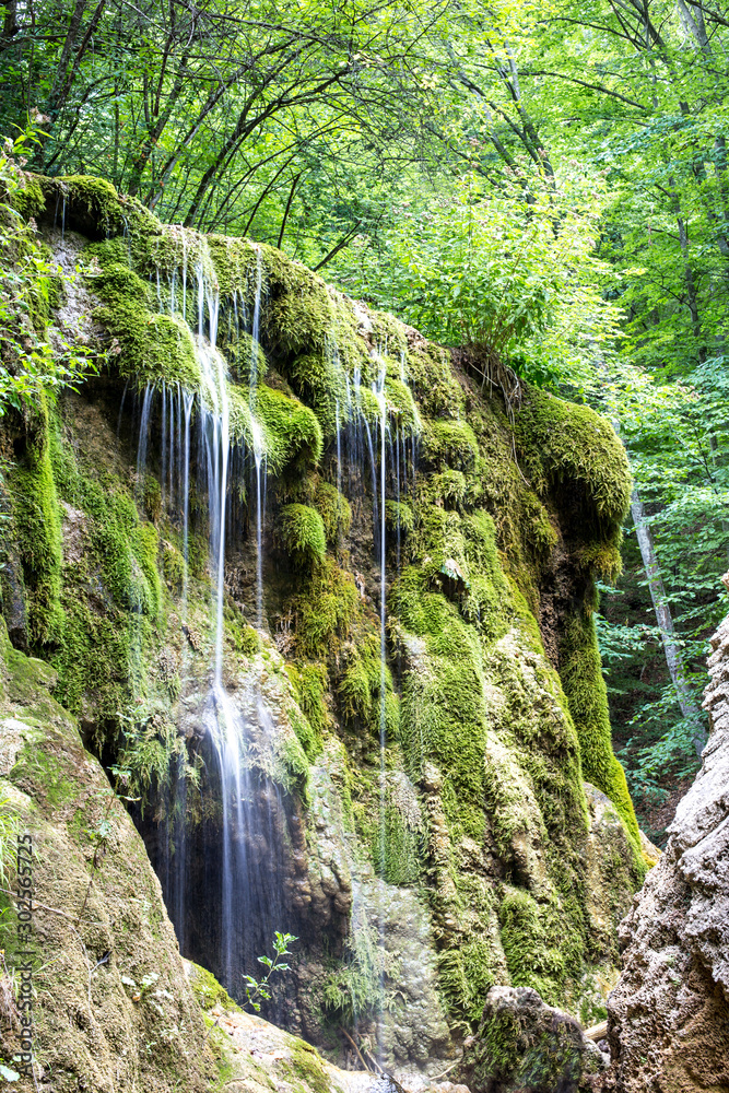 A small waterfall in the forest. Waterfall in Crimea. A small waterfall in the forest. Waterfall in Crimea.